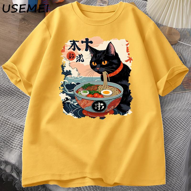 Summer Round Neck 3D Japanese Anime Lamian Noodles Cat Print Top Fashionable Casual Short Sleeved Men's T-shirts
