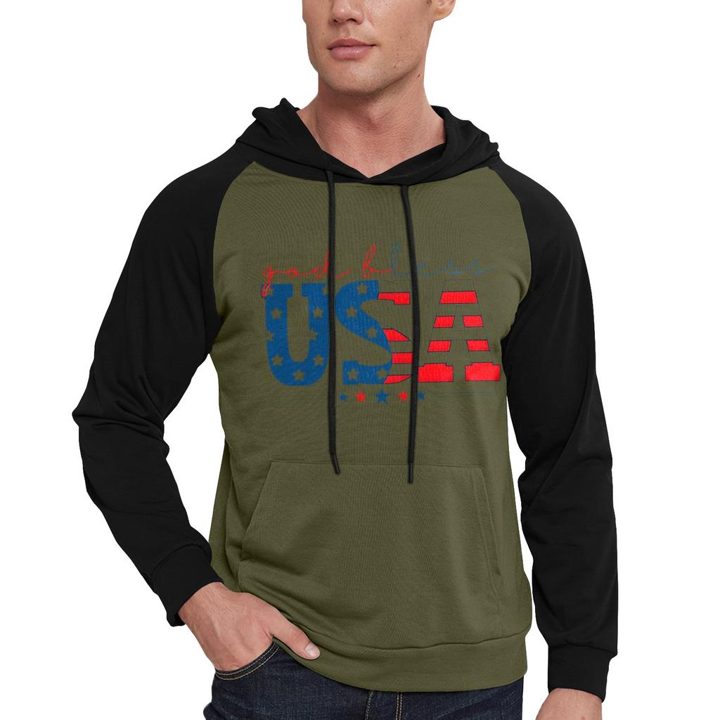 Herren Lässiges Kapuzen-Sweatshirt mit Kordelzug, lang, mit Flaggen-Print und Taschen