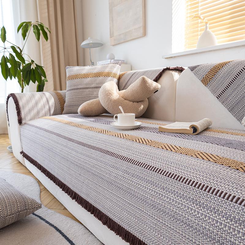Cotton Coarse Cloth Non-slip Sofa Slipcover Modern Corner Cover Sofa Covers Living Room Stripe Sofa Towel Solid Wood Couch Cover