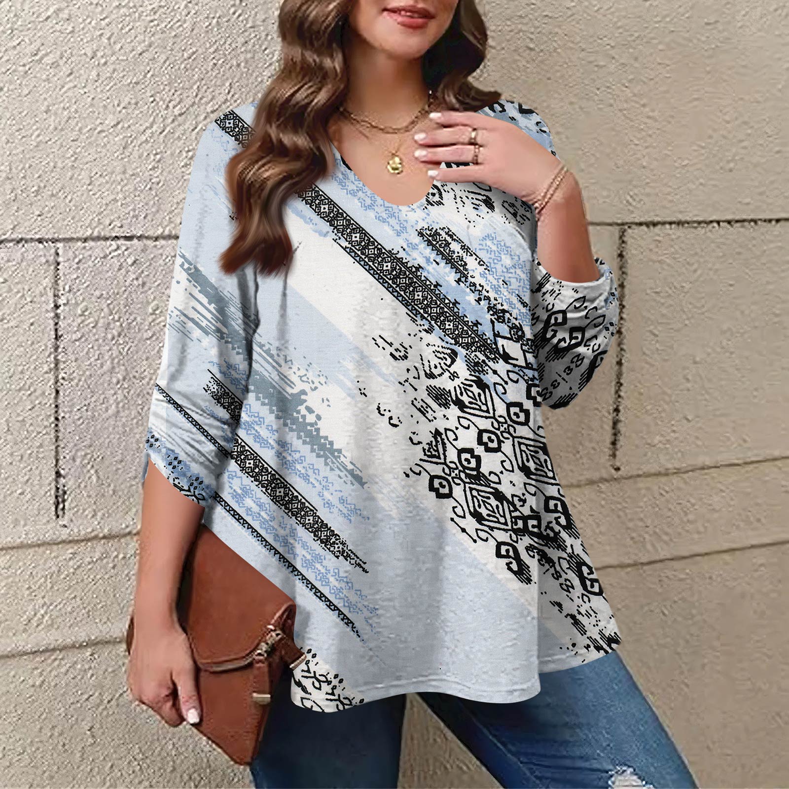 

Women s Plus Size Fashion Printed Casual Pleated Round Neck Long Sleeve Top XXXL синий