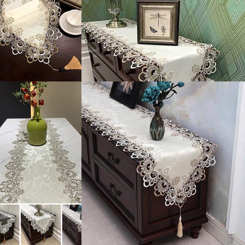 Vintage Lace Tablecloth TV Cabinet Table Runner Embroidered Table Cover with Tassel Christmas Tables Decorations Anti-dust Cover
