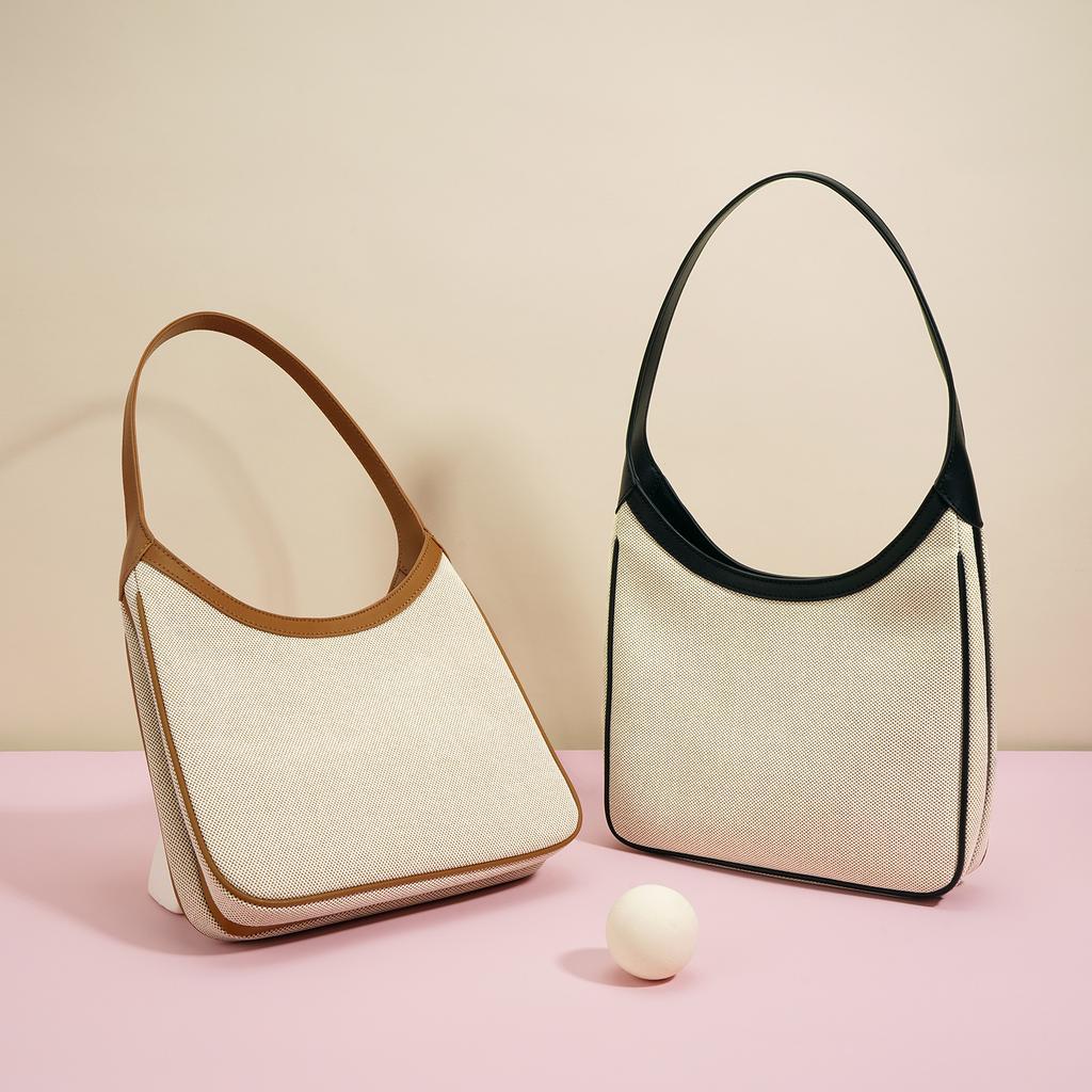 Borsa a secchiello in tela con cuciture a contrasto, semplice da pendolare, grande capacità, spalla, sotto braccio, moda, borsa da donna