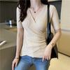 Women Summer V-Neck Ice Silk Knitted Thin Sweater Shirt Top Short Sleeve Slim Irregular Bottoming Button Solid Color