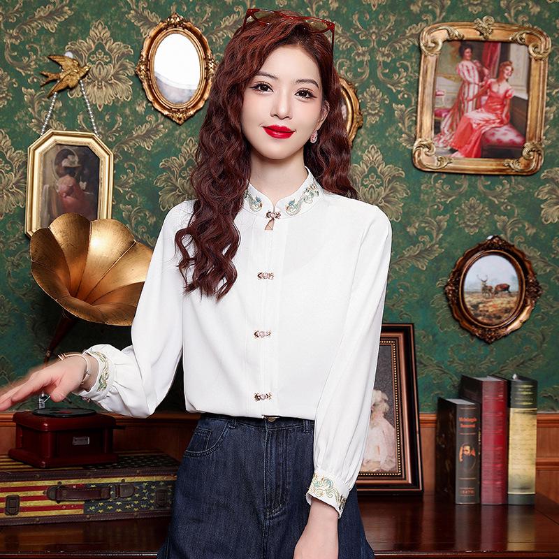 

Ni 1770 Женская рубашка в китайском стиле с вышитым воротником-стойкой и длинным рукавом, дизайн 2025 года S белый