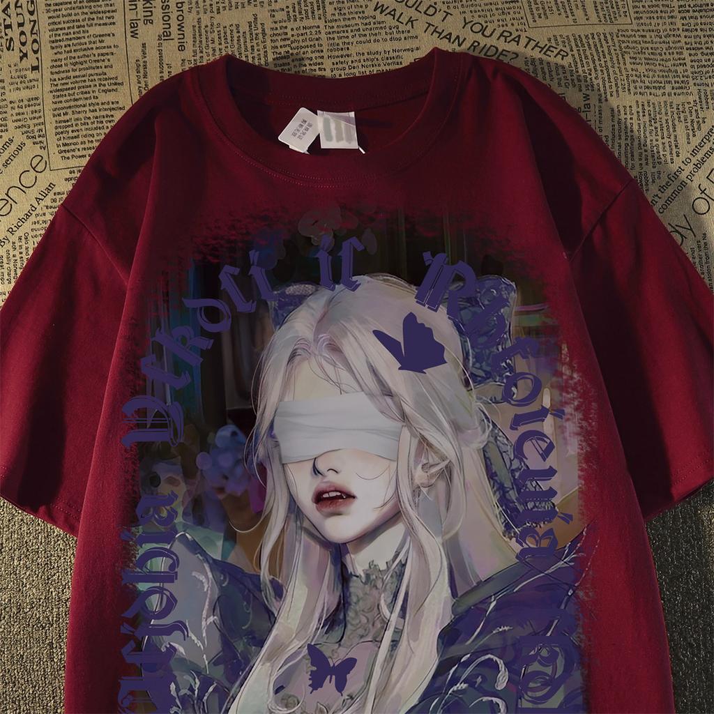 Dream Blindfold Girl Character Print T-Shirt Women & Men Summer New Retro 100% Cotton High Street Fashion Brand Versatile
