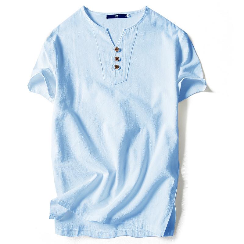 Summer  men's cotton and linen short-sleeved T-shirt men's three-button solid color large-size youth stand-up collar top