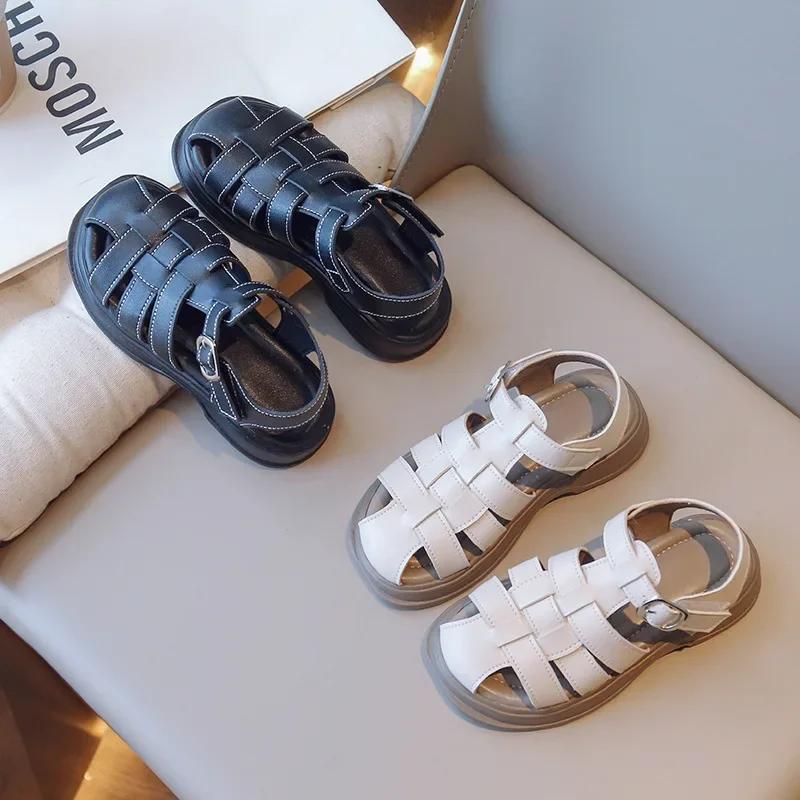 Kids Soft Fashion Beach Shoes 2024 Summer Kids Headed Hollow Sandals Solid Color Baby Girls Retro Princess Shoes for Vacation