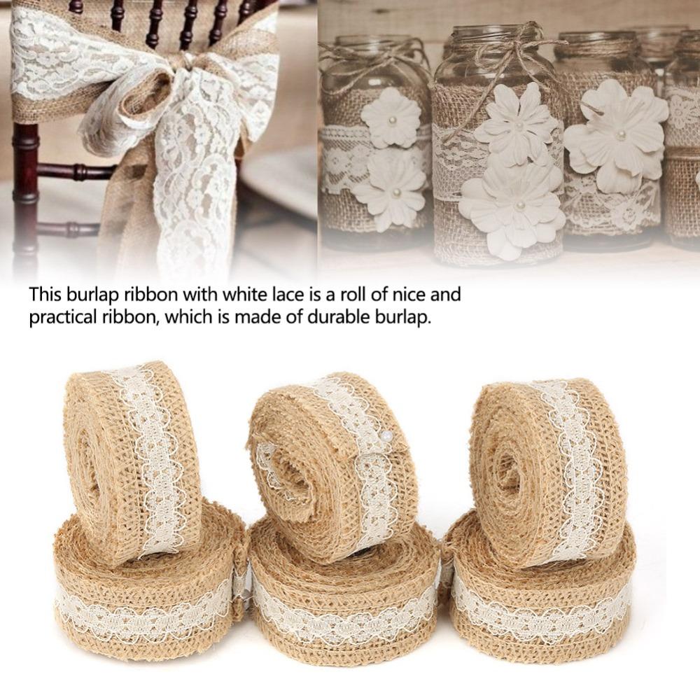 6pcs 2M/Roll Burlap Rolls White Lace Yellow Jute Hessian Jute Ribbon Rustic Style Decorative Ribbon Burlap Lace Ribbon