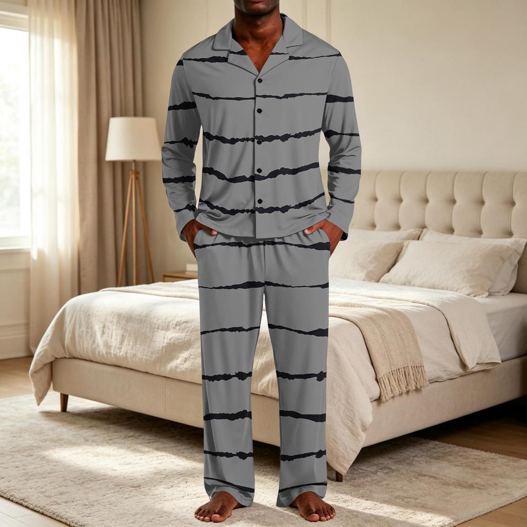 Men's Striped Pajama Set with Button Down Shirt and Pants - Loose Fit Casual Two Piece Sleepwear