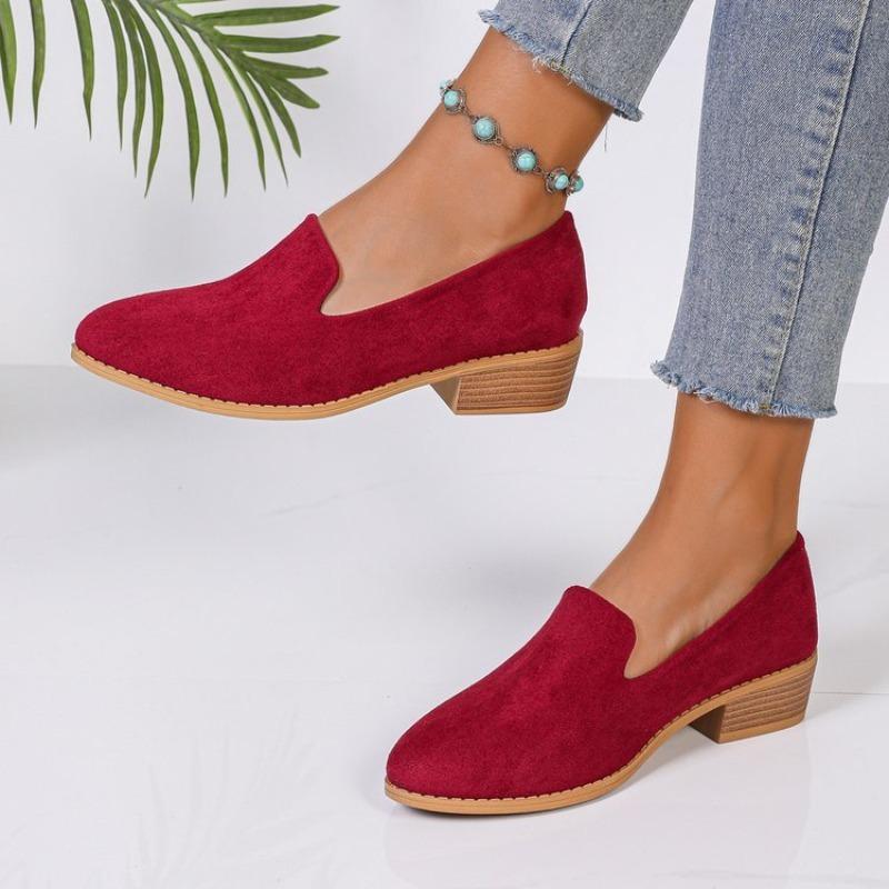 Women Autumn Velvet Pointed Toe Chunky Heel Loafers Comfortable Casual Single Shoes Plus Size 43