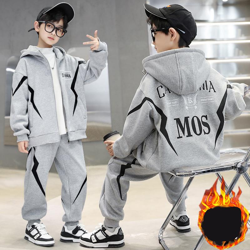 Jesienno-zimowy, duży, dziecięcy, swobodny, trzyczęściowy garnitur dla chłopców, plus aksamitny, pogrubiony garnitur dla chłopców, dwuczęściowy garnitur dla chłopców