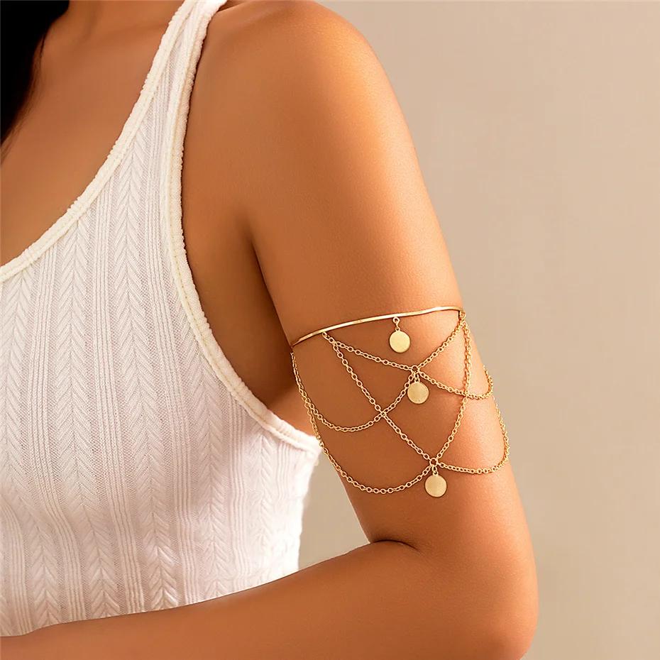 New Punk Gold Color Sequin Open Upper Arm Bracelet for Women Vintage Star Rod Pendant Cuff Bangles Couple Jewelry Gift New