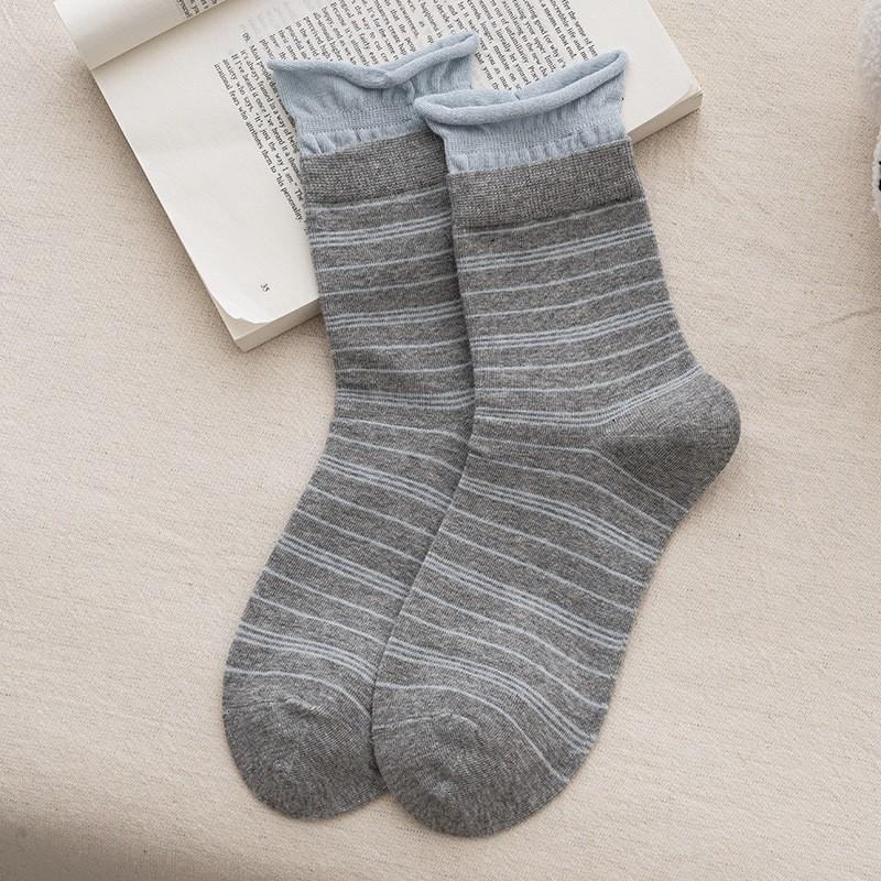 Socks Pure Cotton Boneless Medium Tube Socks Spring And Autumn Thin Hong Kong Style Retro Crimped Striped Cotton Stacking Socks