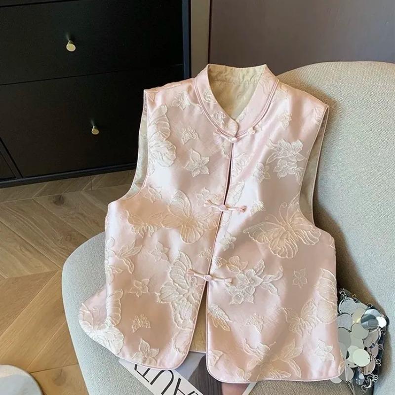 Womens Spring Fall Pink Jacquard Frog Closure Mandarin Collar Vest S
