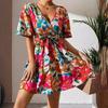 2025 Summer Floral Print Cross-Neck Tie-Waist Dress for Women