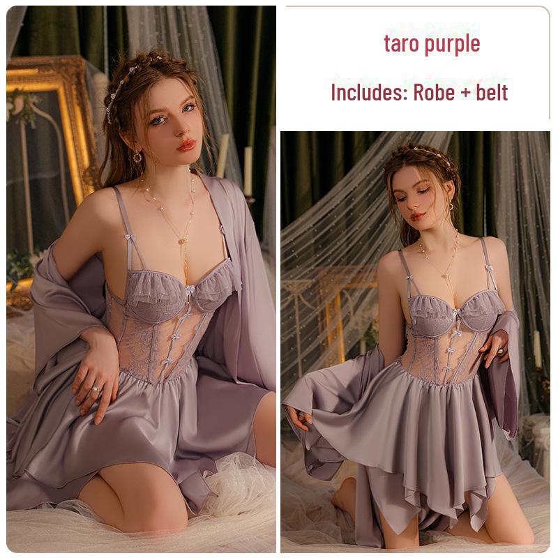 Guiruo Satin Lace Nightdress & Robe Set with Chest Pad