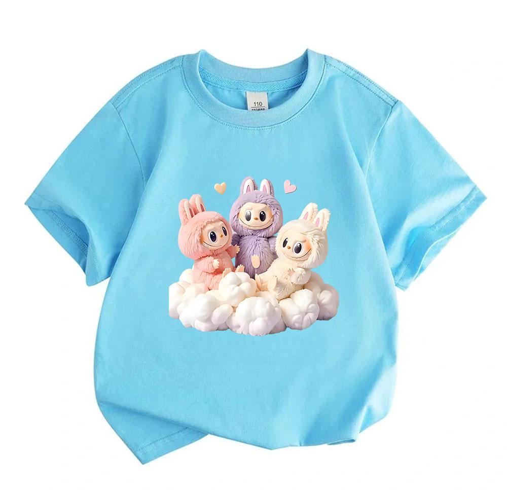 Cute Plush Bunny Printed Kids 100% Cotton T-Shirt, Boys Girls Soft Breathable Round Neck Short Sleeve Casual Tops, Adorable 3 Rabbit Pattern Summer Co