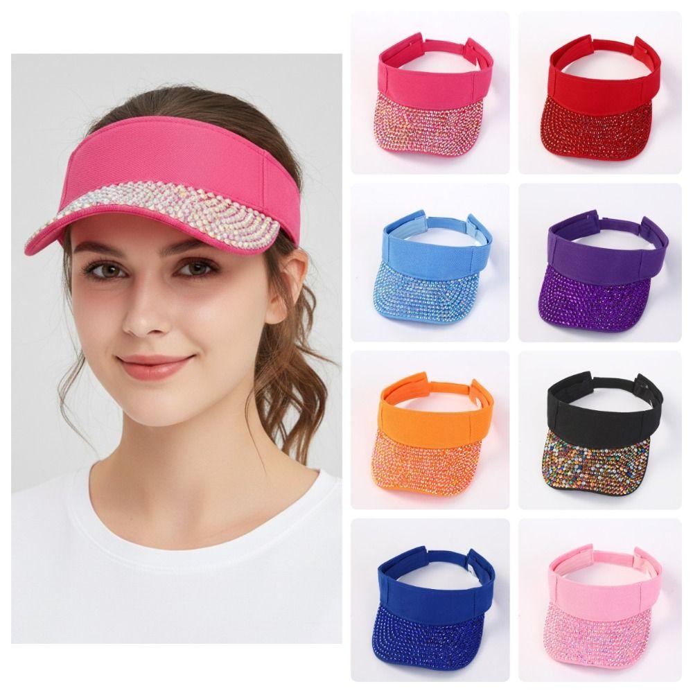 Fashionable Breathable Empty Top Hat Candy Colored With Embedded Rhinestones Sunshade Cap Wide Brim Diamond Encrusted Hat Summer