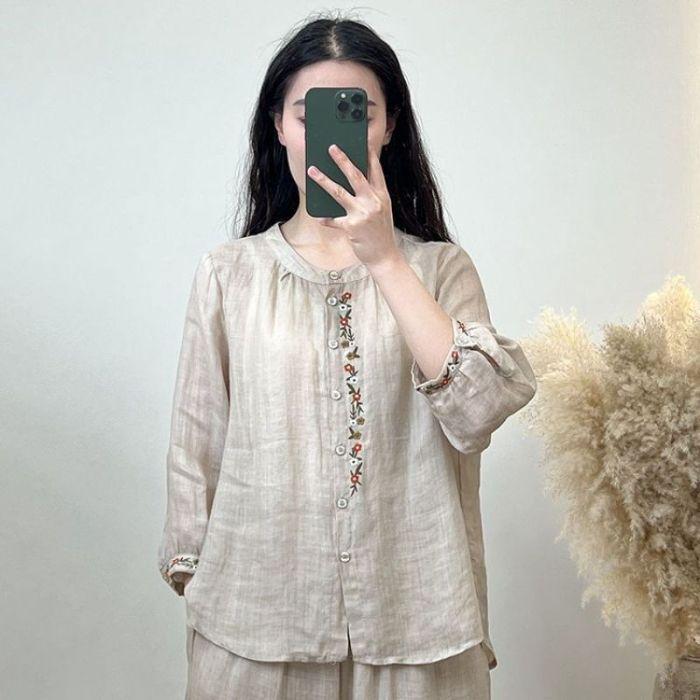 Top Ricamato da Donna in Cotone e Lino Estivo - Stile Nazionale Retrò, Leggero e Versatile