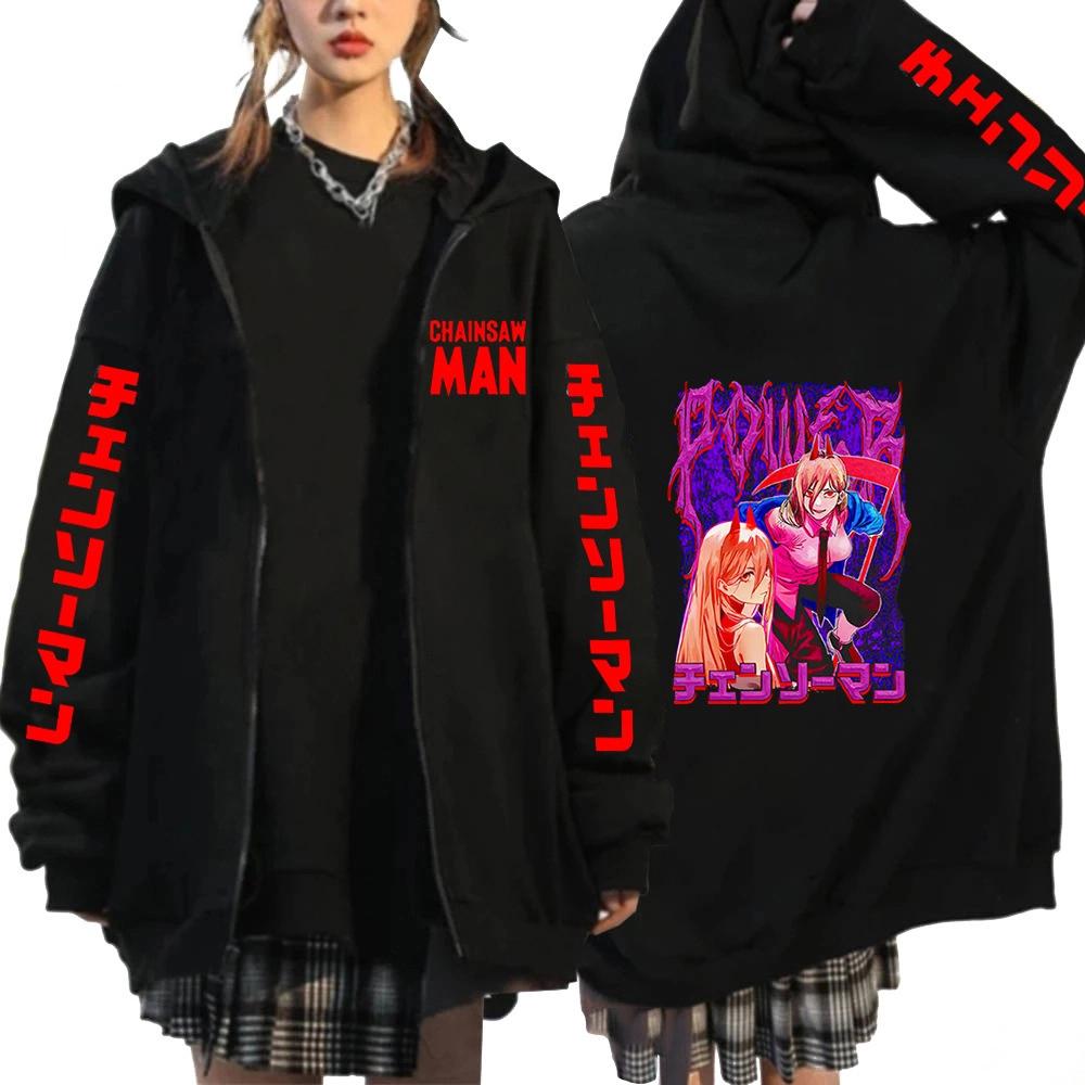 Anime Chainsaw Man Printed Zipper Hoodie Women Casual Loose Retro Harajuku Autumn Winter Long Sleeve Jacket Sweatshirts