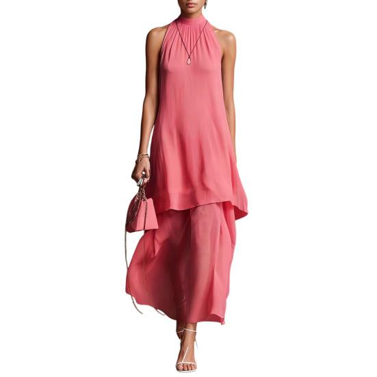 Maxi Abito da Donna Fluido in Chiffon, Senza Maniche con Scollo all'Americana, Abito da Ospite per Matrimonio, Orlo Asimmetrico, Abito da Sera Formale Estivo, Abito da Cocktail