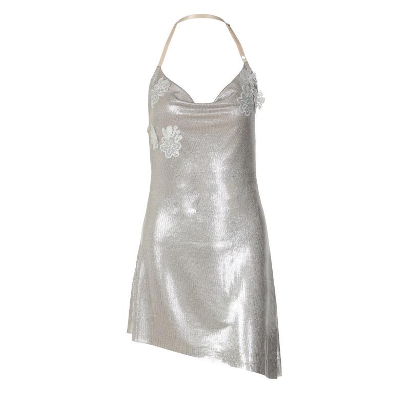 Sexy šaty s halter krkem, bez zad, se zlatým potiskem, vysokým pasem, úzké, krátké, bodycon, pro ženy