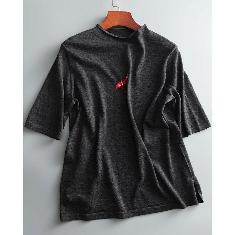 Women's Half High Neck Knitted Sweater Short Sleeved T-shirt Top