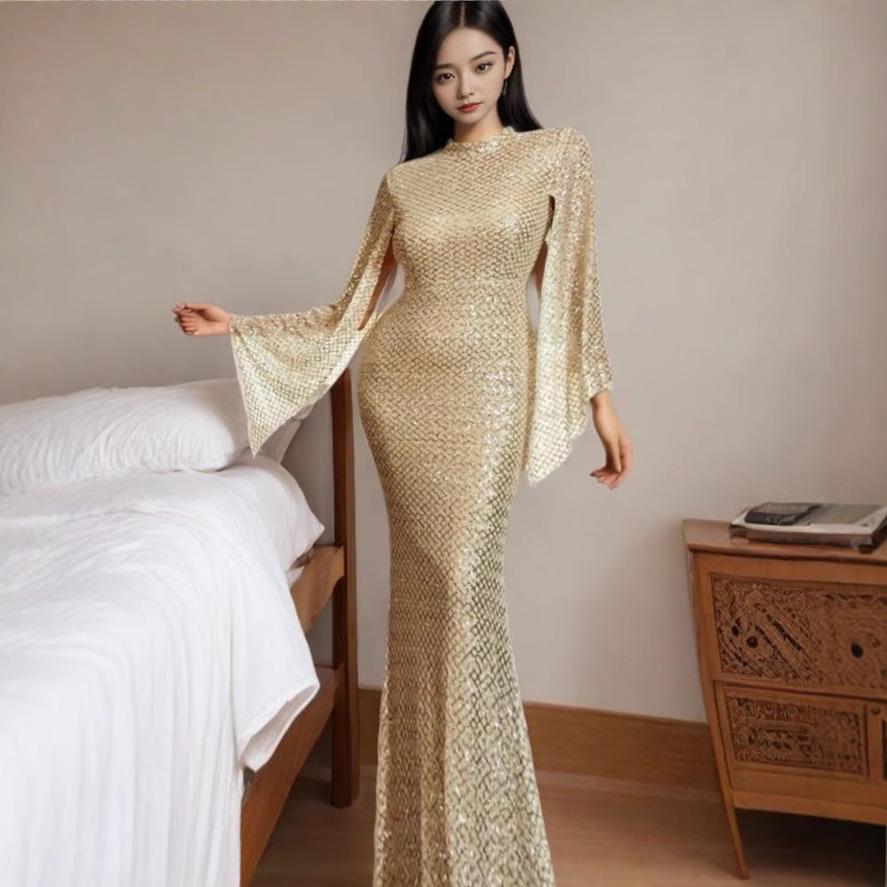 2024 Elegant Gold Sequin One-Shoulder Evening Gown for Autumn Banquets and Annual Meetings