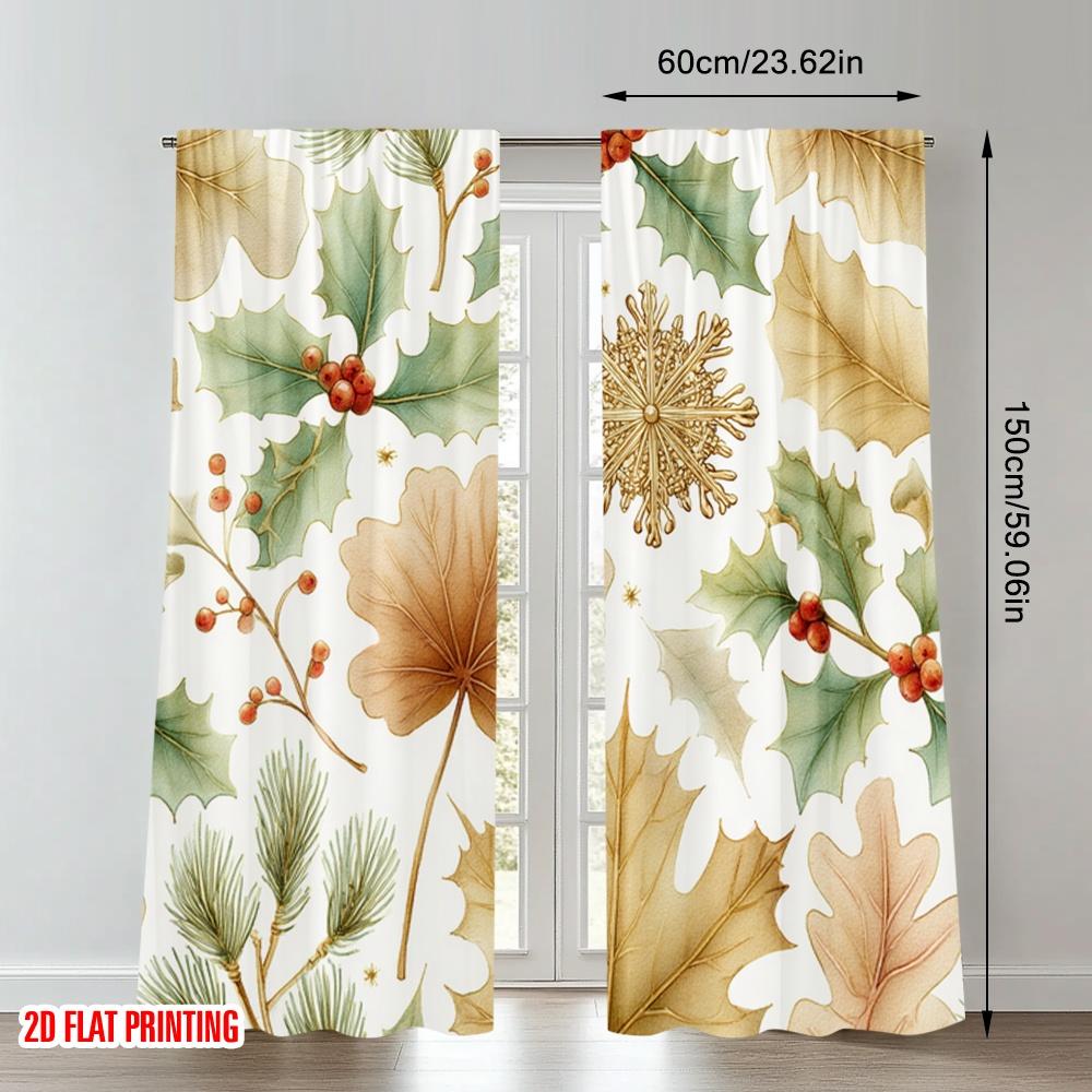 Set Of 2 Flat Printing Merry Christmas Curtains Holly Berries Pine Leaves Digital Printed Polyester Drapes Party Curtain