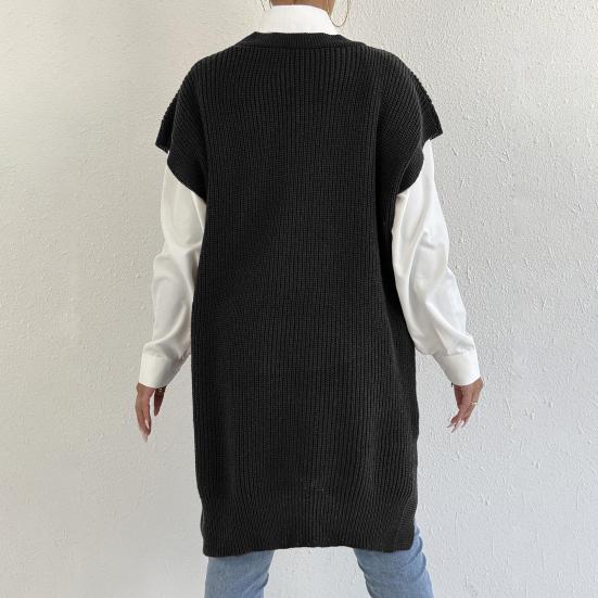 Women Sweater Vest V-Neck Sleeveless Solid Color Knitting Vest Loose Fit Side Split Design Casual Sweater Vest