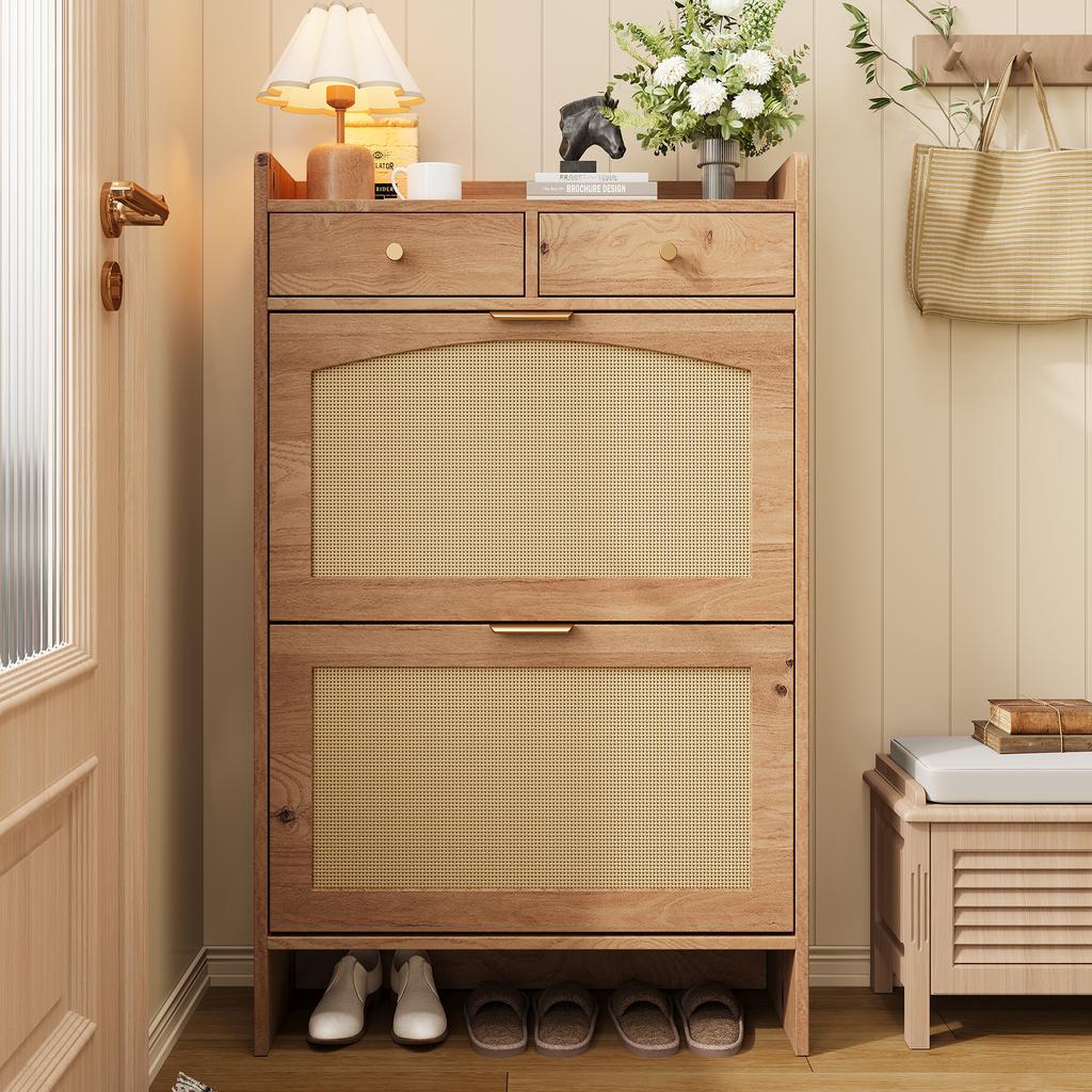Modern Shoe Cabinet with Rattan Double Doors, 2 Drawers, Multi-level Storage, Narrow, for Hallway and Entrance, Wood Look, 65 × 25 × 106 Cm