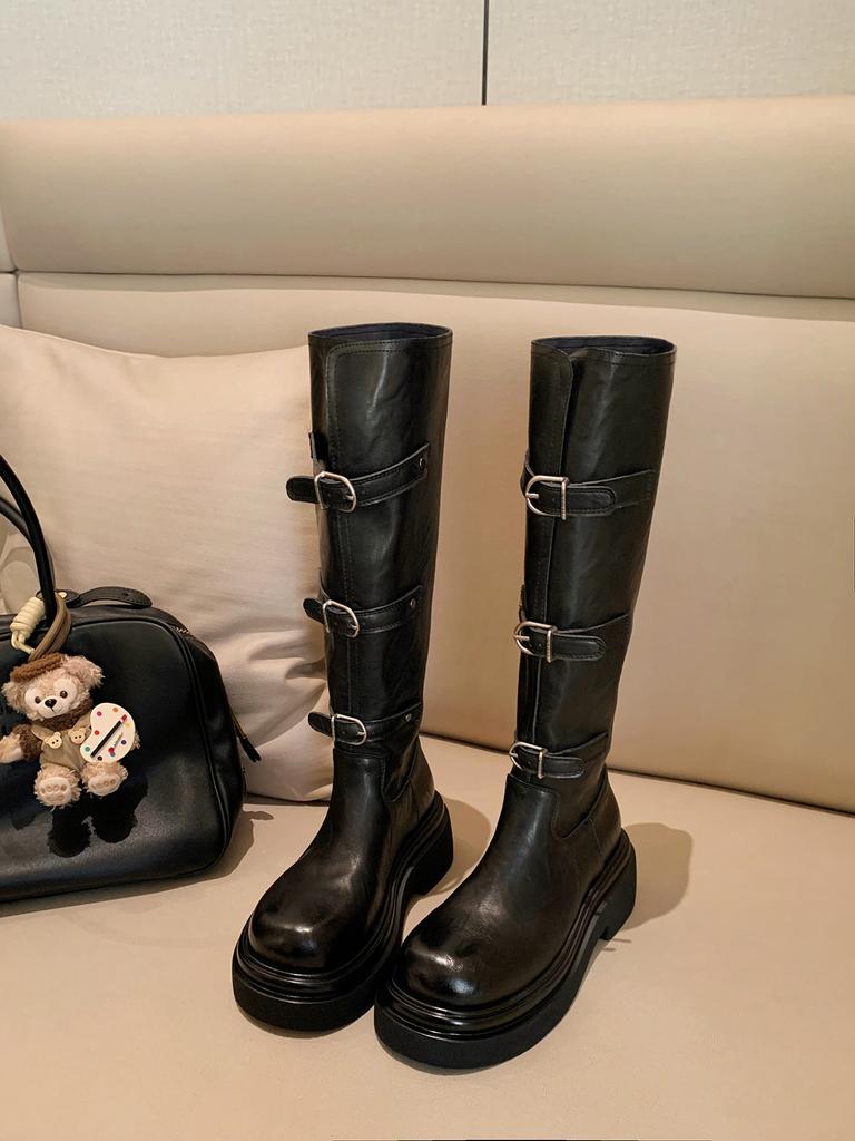 Cowhide~ Grape Mom Same Belt Buckle Knight Boots Women's Leather Round Head Thick Sole Versatile Boots Medium Tube Martin Boots