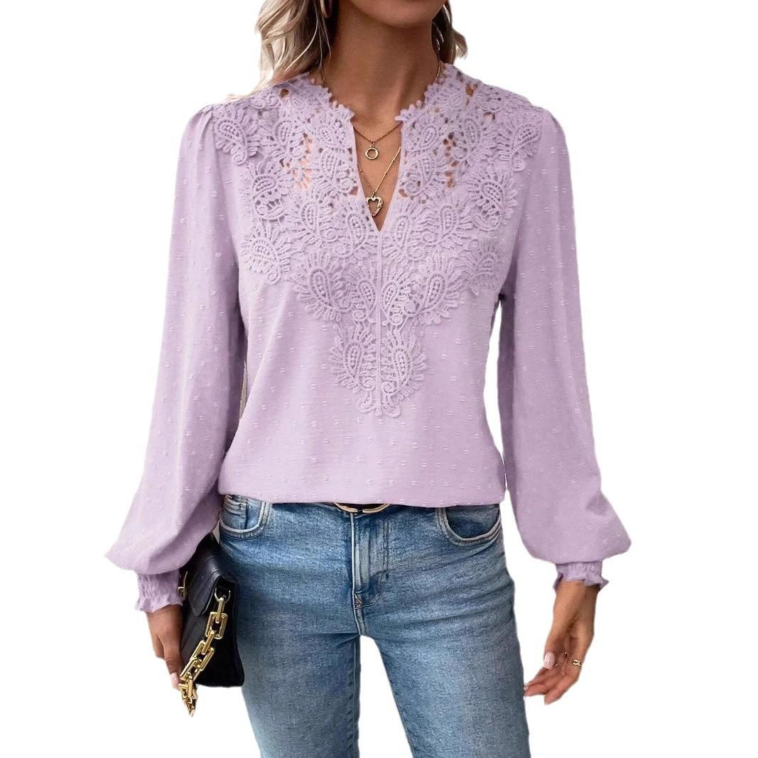 

Women s Elegant V-Neck Long Sleeve Blouse with Lace Detail, Casual Tops for Women, Lightweight Comfortable Shirt S светло-фиолетовый