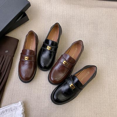 Grape Mother Spring New British Style Retro Small Gold Buckle Round Head Lazy One Pedal Thick Heel Loafer Leather Shoes Women