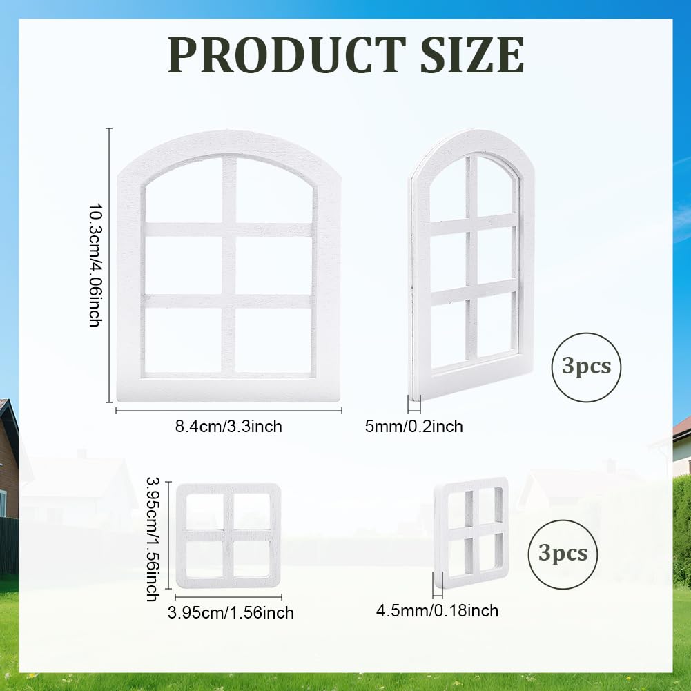 BENECREAT 6pcs 2 Styles Dollhouse Windows Wooden Miniature Windows 1:12 Frame Miniature Furniture Dollhouse Decorative Props White