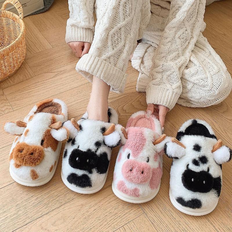 Cross-border Dairy Cow Fluffy Slippers Women's Indoor Household Cotton Slippers Home Warm Thick Bottom Plush Slippers Wholesale