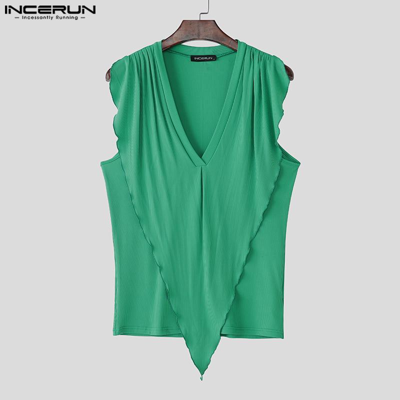 INCERUN Men Summer Deep V Sleeveless Ruffled Layers Casual Loose Tank Tops
