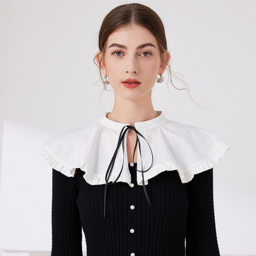 White Shawl Detachable Collar Bowknot Blouse Shoulders Fake Collar Ruffled Shawl  All Matching