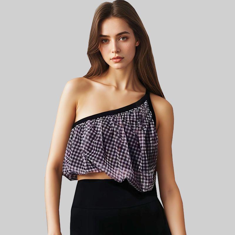 

One-Shoulder Yoga Vest Containing Chest Pad Sloping Shoulder Plaid Quick-Drying Fitness Top High Waist Sports Training Outer Wear Underwear Elastic One-shoulder Tops S (40.00 kg-47.50 kg