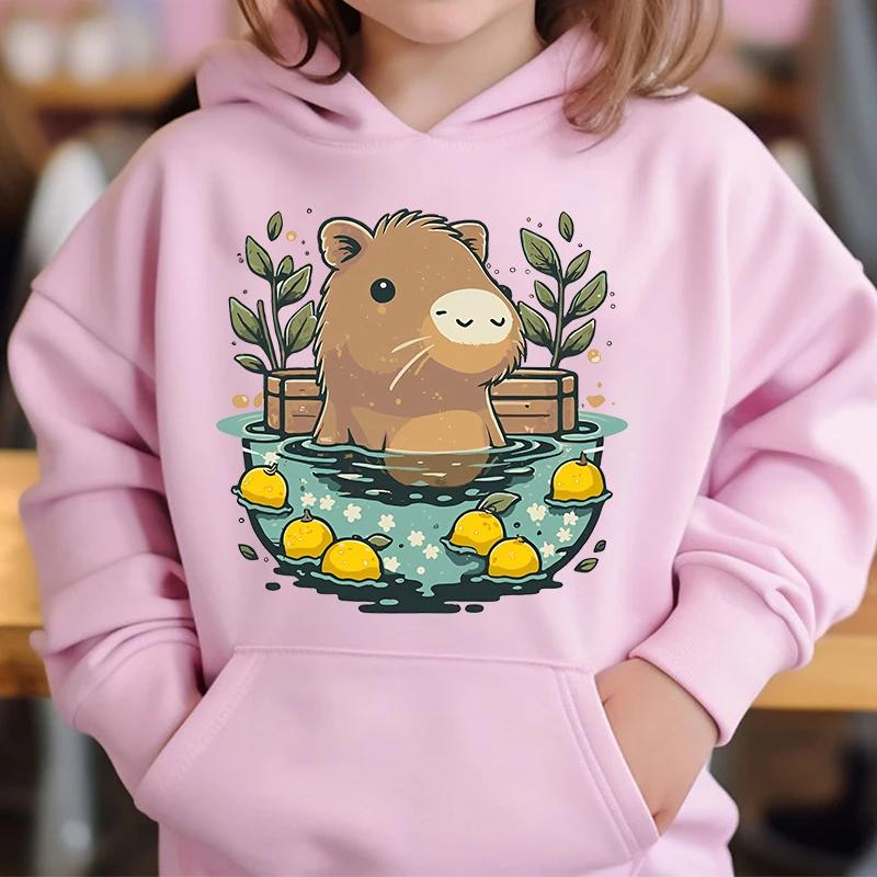 Cute Capybara Loves Bubble Tea Children's Hoodie Pink Autumn and Winter Girl's Top
