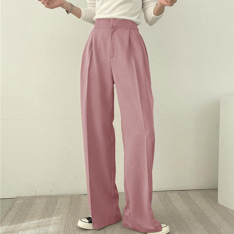 Office Lady British Retro Button Design Casual Pants For Women's Winter Straight Pants High Waist Women Pants