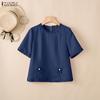 ZANZEA Women Lace Splice Round Neck Casual Short Sleeve Blouse