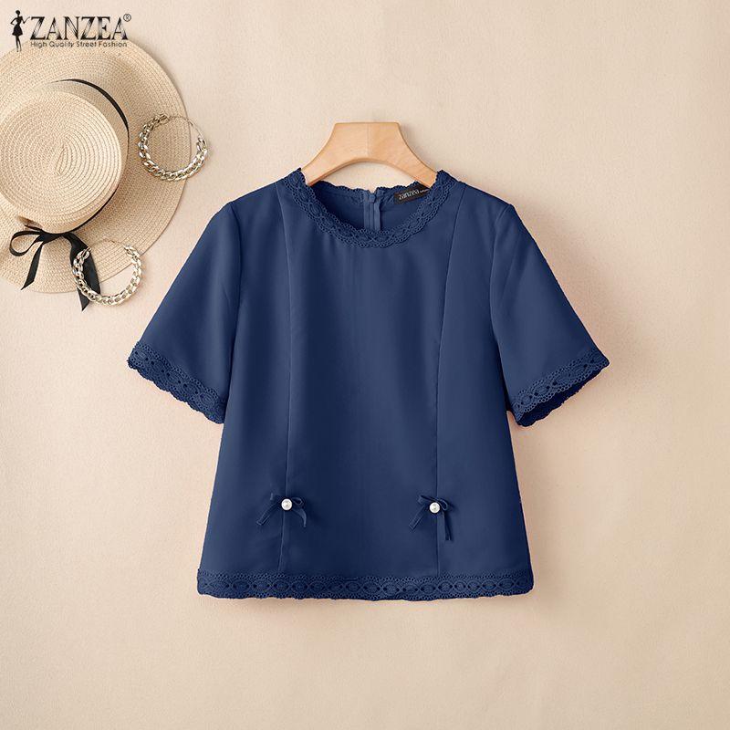ZANZEA Women Lace Splice Round Neck Casual Short Sleeve Blouse
