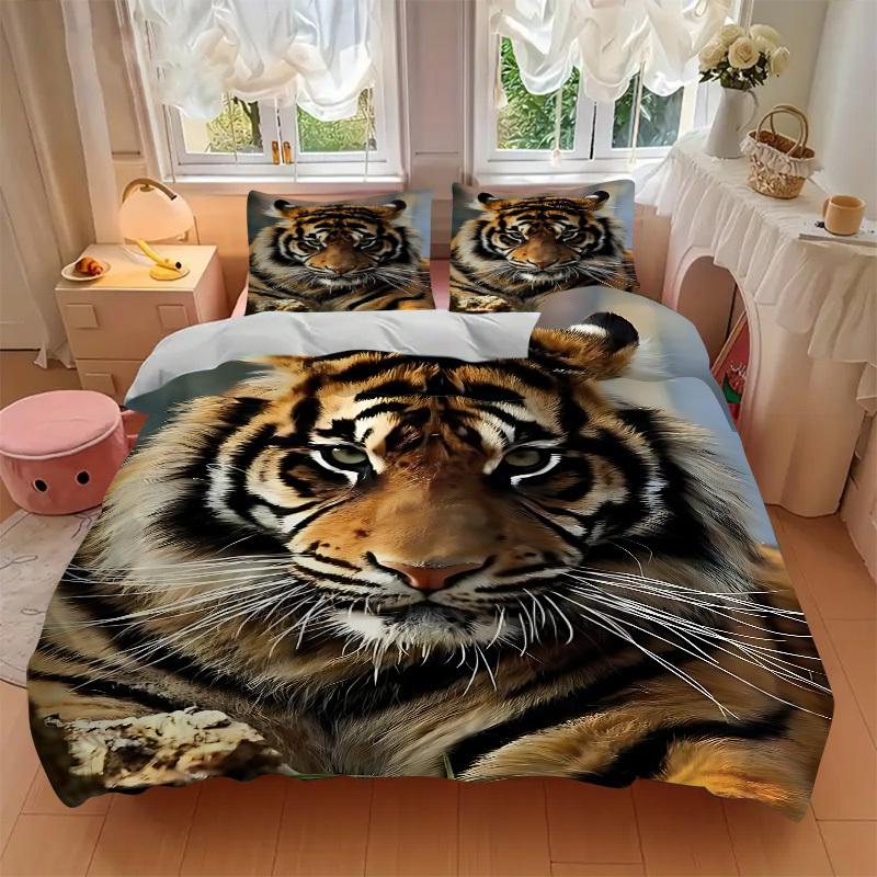 3PCs Tiger Print Design Cover Set, Breathable Fabric, Machine Washable (1 Duvet Cover + 2 Pillowcases) (Without Quilt) yy250911088