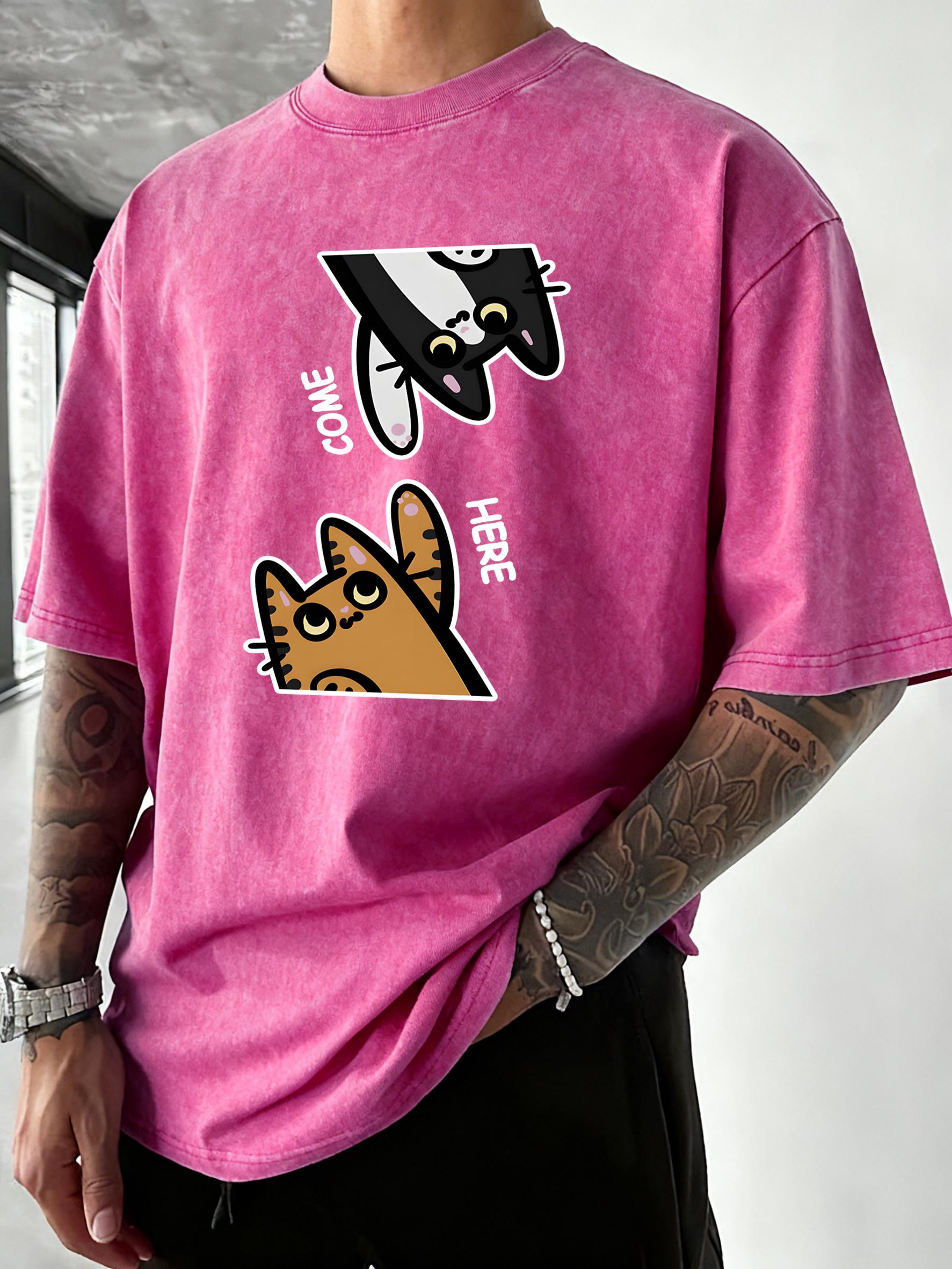 

Come Here Happy Cats Design Men Washed TShirts Casual Loose Tee Shirt Hip Hop Cotton Short Sleeve Crewneck Vintage Streetwear S