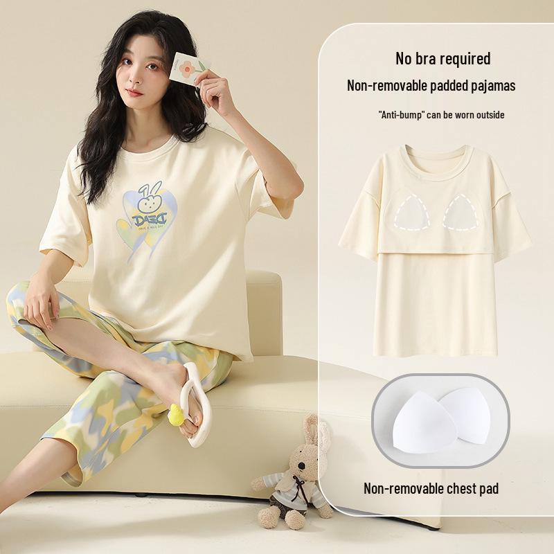 Korean Style Women's Summer Pajamas: Sweet Two-Piece Set with Short Sleeves, Cropped Pants, and Round Neck