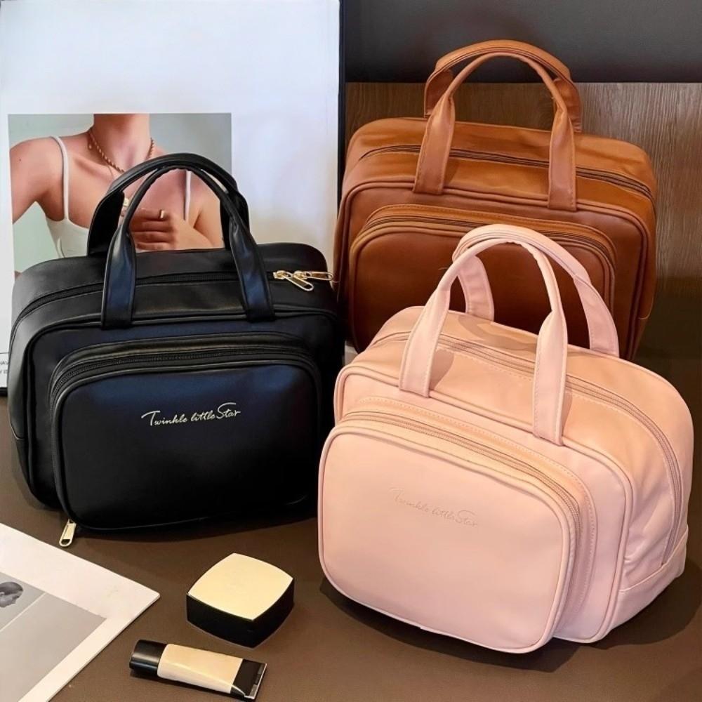 Fashion Storage Makeup Bag Portable Handle Cosmetic Container Multifunctional PU Leather Travel Wash Pouch Trips