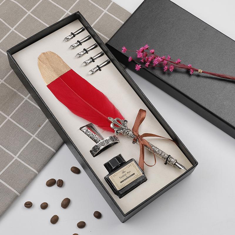 European Retro Feather Calligraphy Set: Oblique Nib Dip Pen with Holder and Ink Engraving