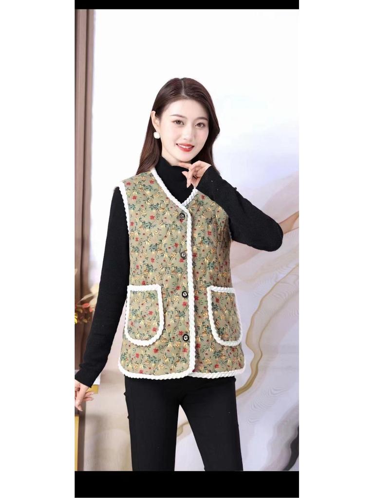 2025 Women's Autumn Winter Elderly Mother's Collarless Cardigan Vest - Versatile Shawl Jacket for Grandma