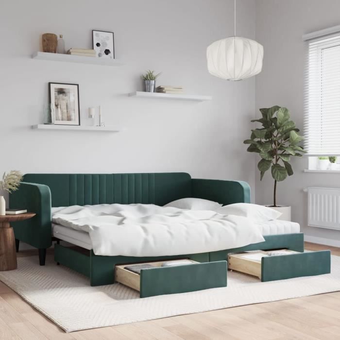 VidaXL Daybed and Trundle and Drawers Dark Green 100x200 Cm Velvet 3197144